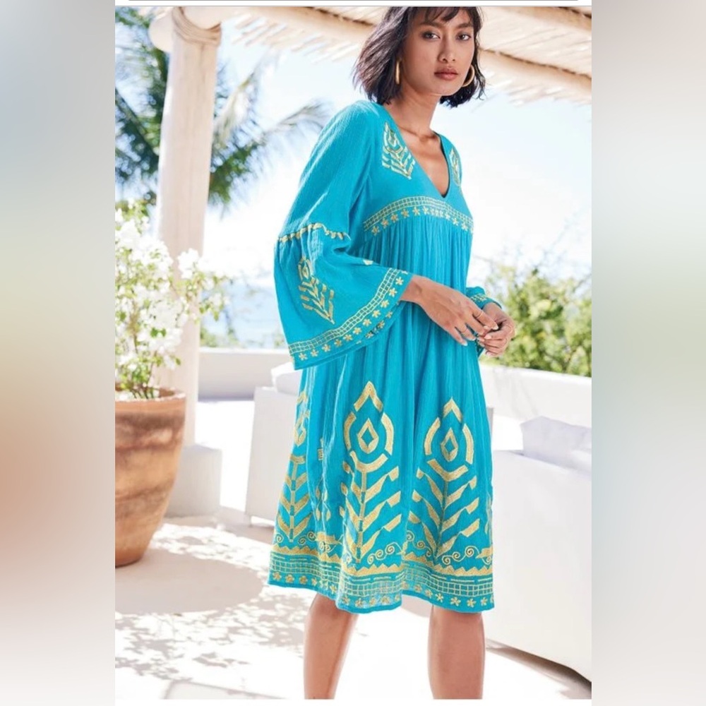 Soft Surroundings Zaneta Turquoise Gold Embroidery Babydoll Boho Lagenlook 3X - Picture 4 of 10